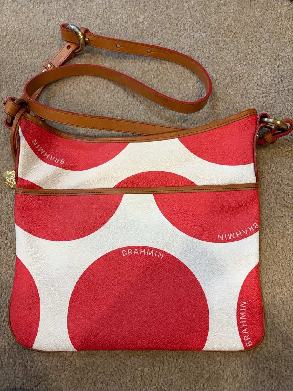 Brahmin Red and White Large Dot Crossbody with Tan Trim